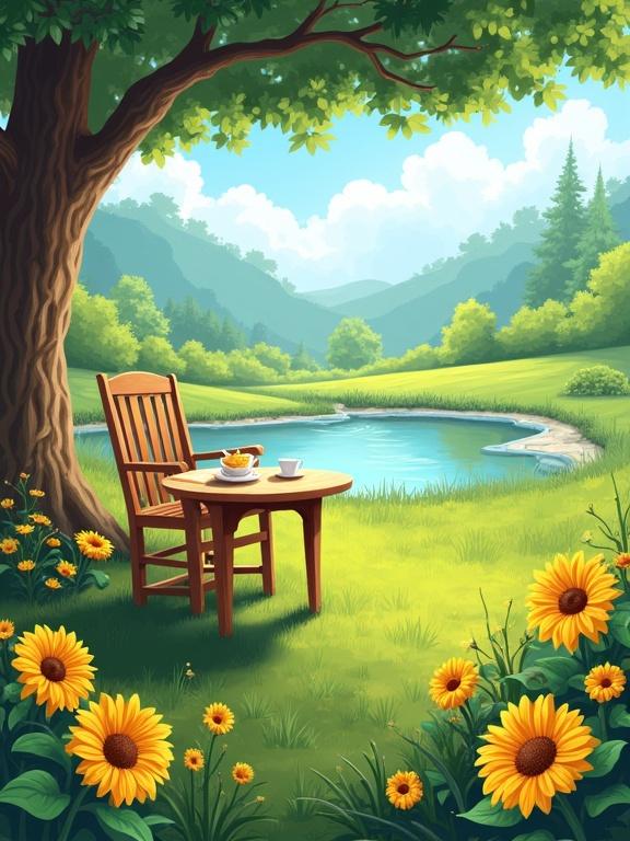 A wooden chair and table beside a small pond on a sunny day. Sunflowers bloom around the scene. Mountains are visible in the background. A cup and a plate are placed on the table. The atmosphere is peaceful and serene.