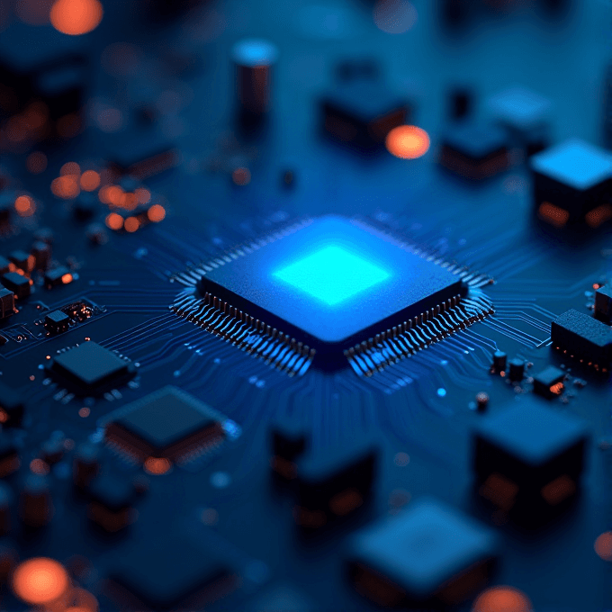 A detailed close-up of a glowing microchip on a circuit board, showcasing intricate pathways and a blue neon light effect.