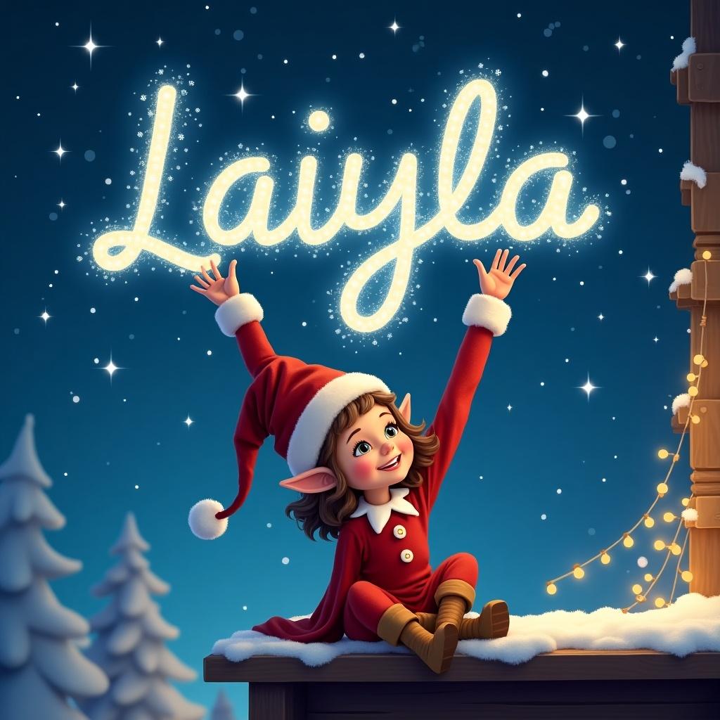 Girl Elf sitting on shelf at North Pole. Elf wearing red outfit and Santa hat. Elf writing name Laiyla in the Northern sky with glowing letters. Background with snow and stars.