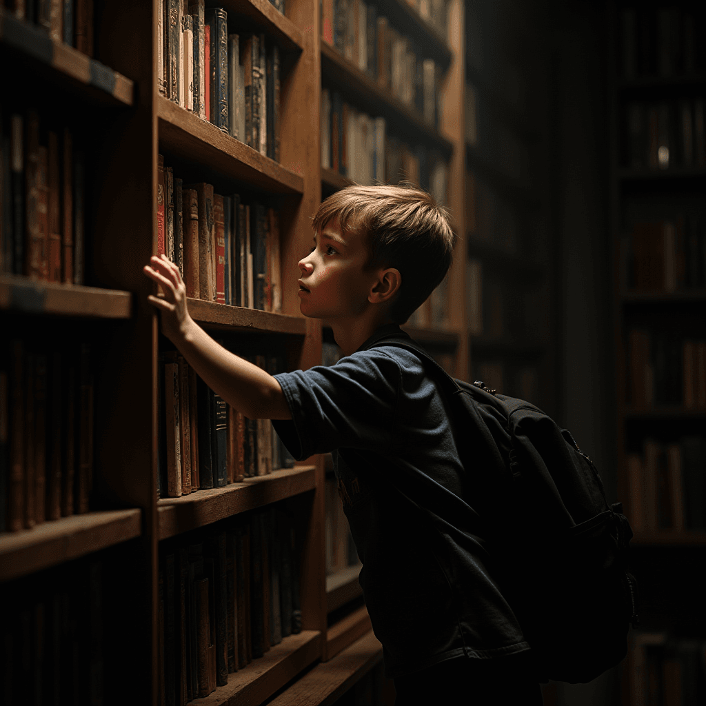 A young boy with a backpack looks intently at books on a library shelf.