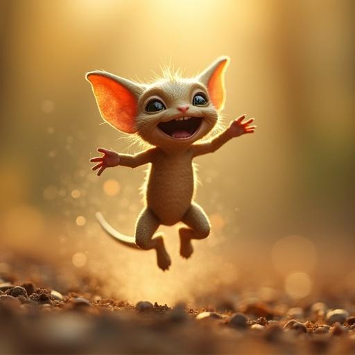 A cute alien creature leaps in joy, laughing with big ears and a happy expression. Backlit with warm light, creating a magical scene. Macro photography highlights details with bokeh effects in the background.