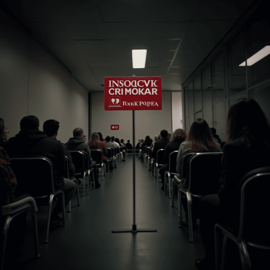 A room filled with people seated in rows, facing a red multilingual sign.