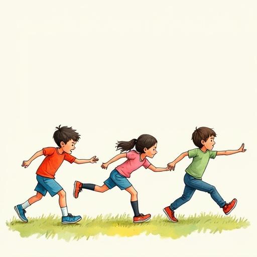Children playing a game of tag. Three kids are running separately. Each child has a distinct outfit and expression. The scene is colorful and playful.