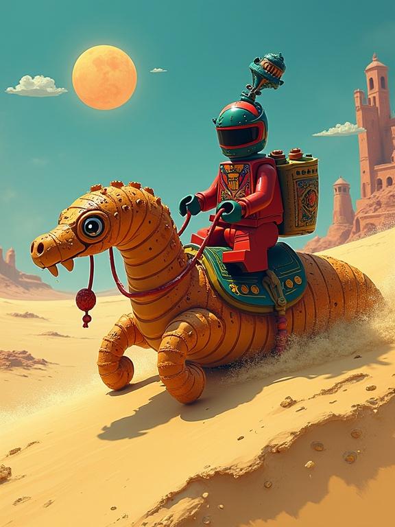 Lego character resembles Paul Atreides rides a fantastical sandworm. Surreal desert landscape. Vivid colors and intricate details. Style inspired by Salvador Dali and Klimt.