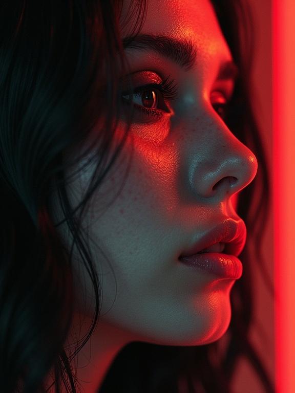 Close-up portrait of a young woman. The focus is on her facials and profile details. The background features a bold red accent. The lighting is dynamic, creating dramatic shadows and highlights. The expression reflects emotion, conveying a deep atmosphere. The image combines elements of photography and digital art.