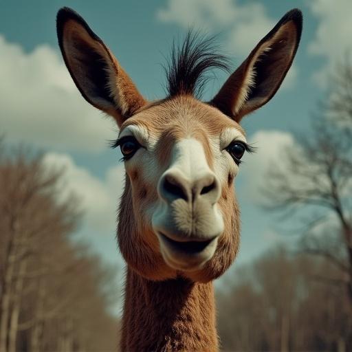 A realistic giraffe portrait with a friendly expression set against a natural background of trees and sky. Focus on the giraffe's face and vibrant eyes.
