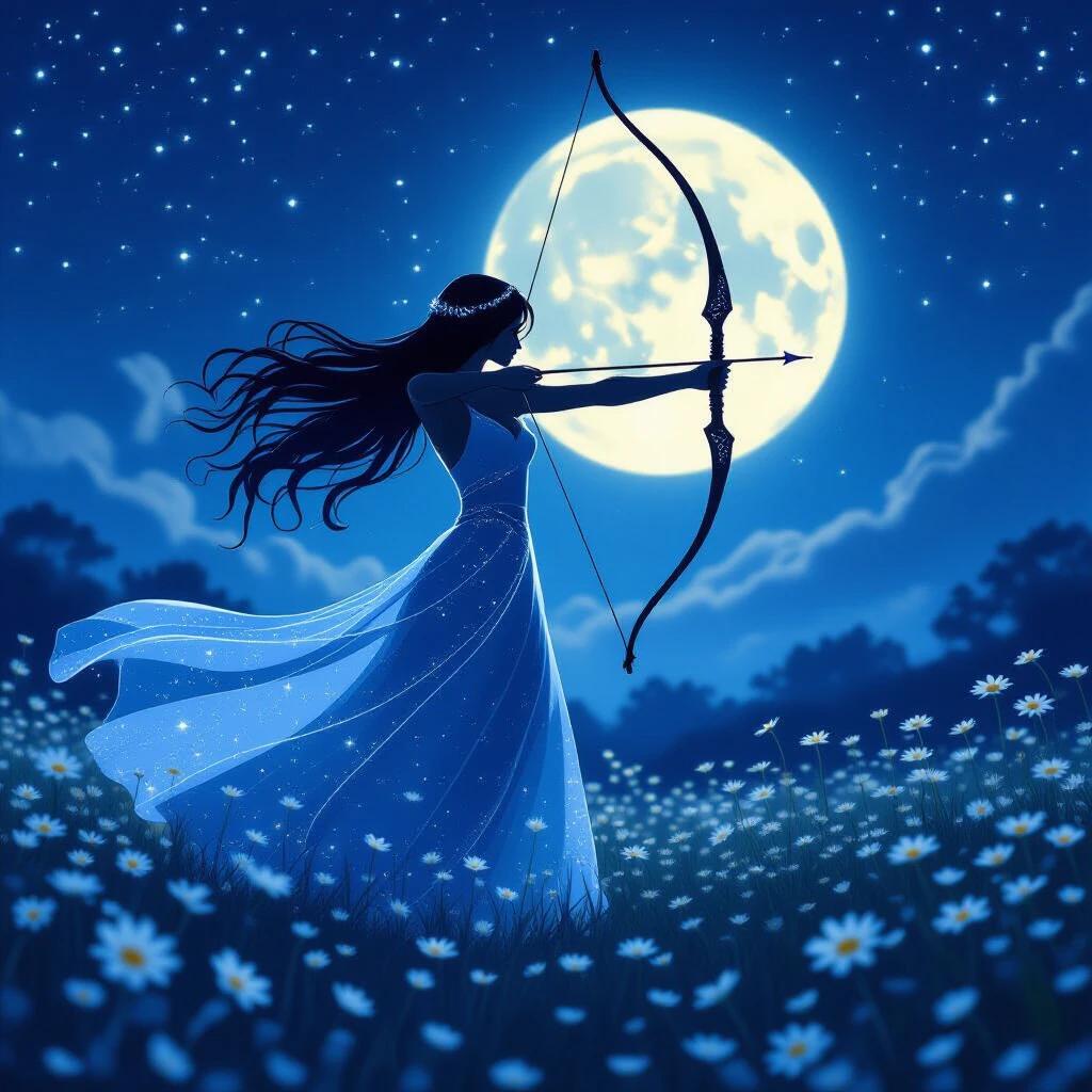 A mystical female archer in silhouette aims a bow gracefully in a moonlit flower field. She wears a flowing celestial gown with sparkling threads. A glowing full moon and a dreamy starry sky form the backdrop. Ethereal lighting enhances the fantasy atmosphere with soft daisy flowers in the foreground.