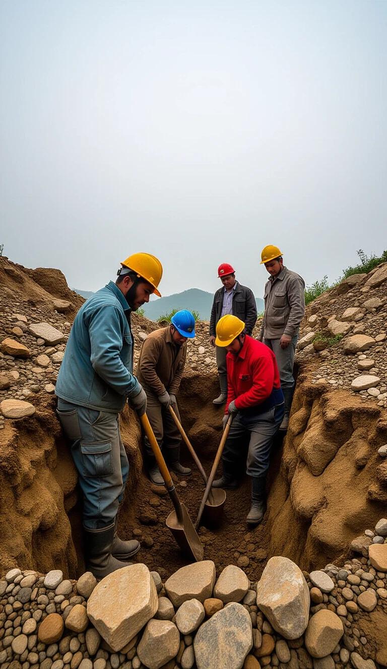 Group of workers digging a deep pit surrounded by rocks. They express intensity during their work. The background has a cloudy sky. Workers are wearing helmets and using shovels.