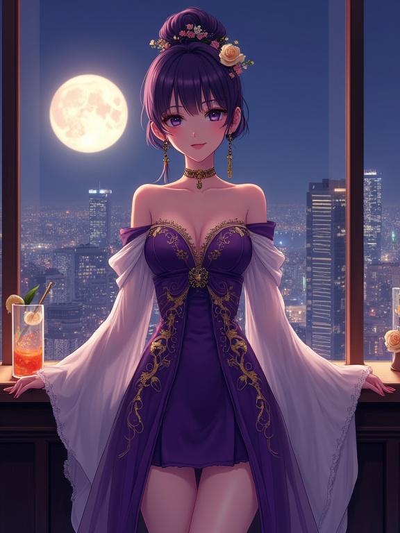 A woman stands gracefully in front of a large window in an upscale lounge. Elegant expression reminiscent of anime characters. Her gown is off-the-shoulder dark violet with golden embroidery. White sheer sleeves add romantic movement. Violet hair styled in an updo with gold flowers. Ambient lounge lighting highlights her features. A vibrant cocktail is on the bar. The city skyline and full moon create a captivating backdrop. Semi-anime aesthetic with cinematic lighting and shimmering textures.