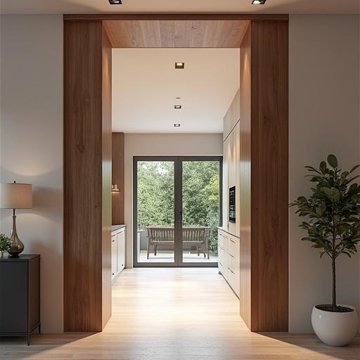 Photorealistic visualization of a kitchen entrance transformation with a stunning hanging partition. Entrance is 8 feet wide and 11 feet high. The partition descends 3 feet from the ceiling, reducing height to 7 feet. Minimalist design, 10 inches wide with rich wood and metallic elements. Lighting highlights the partition and creates shadows. Angled view of the entrance showing the transition to the kitchen.
