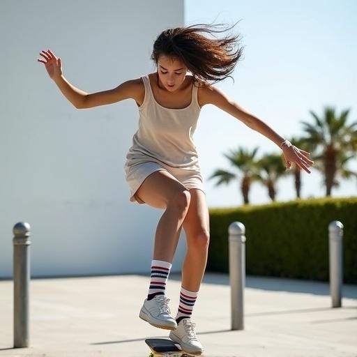 Photo captures young woman mid-air during skateboard trick. She wears sleeveless dress, striped socks, sneakers. Skateboard beneath feet during jump. Background includes white wall, bollards, hedge, palm trees in distance.