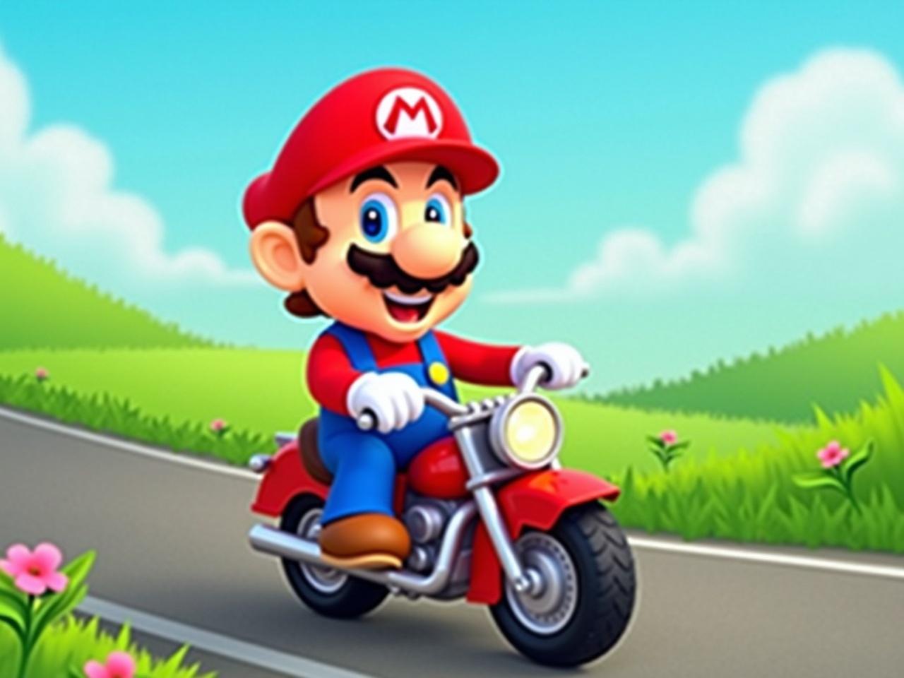 The image features a cartoon character riding a motorcycle down a sunny road. The character has a red cap with an 'M' logo and a mustache, wearing blue overalls and white gloves. The motorcycle is red, emphasizing a playful and adventurous spirit. The background showcases green hills and fluffy clouds, creating a cheerful atmosphere. There are flowers on the roadside, adding color and life to the scene. The character is smiling, suggesting excitement and joy in the ride.