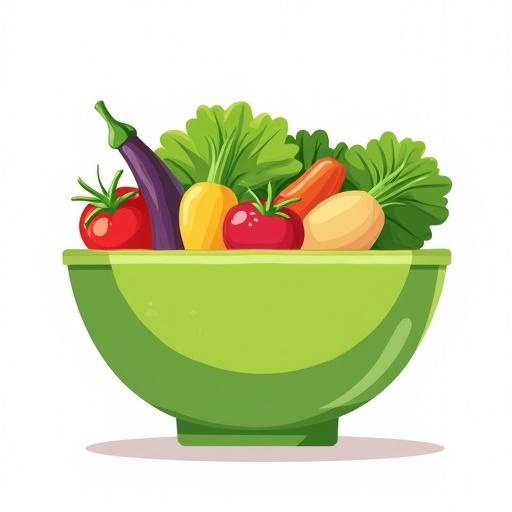 Fresh green salad bowl filled with colorful vegetables. Leafy greens and varied colors. Flat cartoon-style vector illustration. Clean geometric shapes with soft rounded edges. Solid white background.