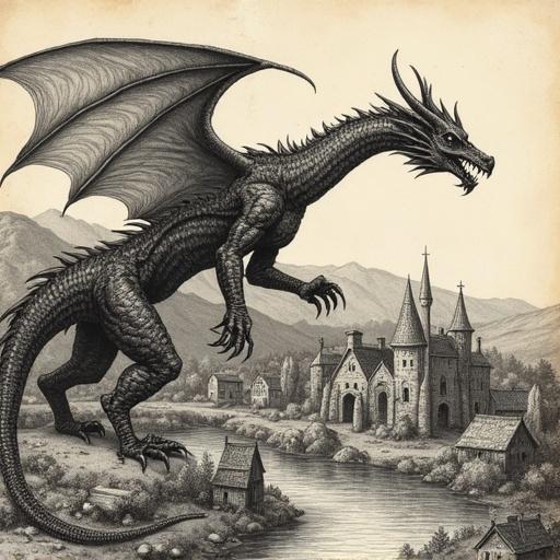 Hand drawn illustration of a dragon attacking a medieval village. The dragon has large wings and fierce expression. The village features castles and houses by a river. Mountains are in the background.