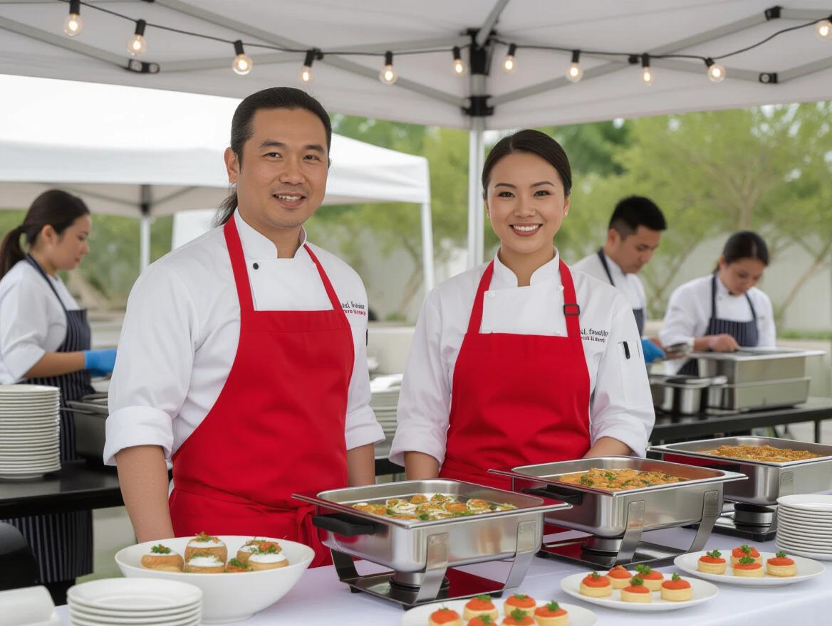 Professional food service scene at outdoor event. Two Asian chefs with white coats and red aprons stand behind buffet table. Chefs smile at camera. Buffet table displays appetizers. Background shows event attendees seated at tables with string lights. Low light creates warm atmosphere.