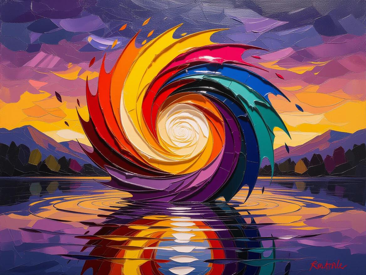 Masterpiece sculptural oil painting. Energetic vortex of color and texture. Thick palette knife strokes. Swirling form over misty lake at sunset. Center explodes with yellow and white. Deep violet background. Sharp, jagged shards of paint erupt outwards. Chaotic landscape of multi-colored paint. Reflections are oily smears of color.