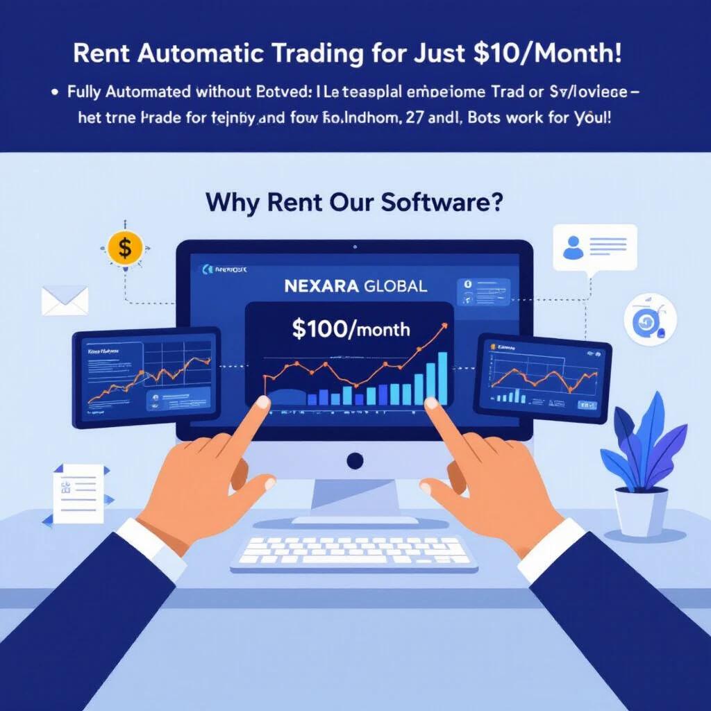 Facebook ad designed for Nexara Global Solutions. Features promotional text for renting automatic trading software. Includes engaging visuals of devices and charts.