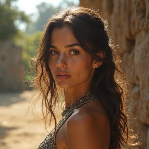 Female model with soft expression standing outdoors. The focus is on natural beauty and elegance. Warm tones illuminate the scene.
