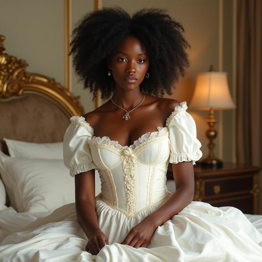 A stunning Afro goddess inspired by Yoruba mythology has deep brown skin and golden eyes. She wears a European-style maid uniform with lace and frills. In a luxurious bedroom, she makes the bed with grace. Her calm expression shows beauty and authority. The scene has soft magical light and floating particles that create a divine atmosphere.