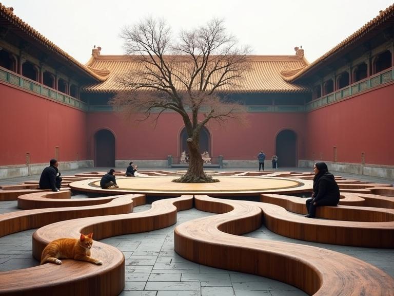 Wide-angle cinematic shot inside ancient courtyard of Jingqizhai in Forbidden City Beijing. Features large organic wooden installation. Central focus on apricot tree. Flowing curved benches ripple across space. Integrated Cat Islets for imperial cats. Soft lighting creates serene atmosphere with visitors enjoying the design.