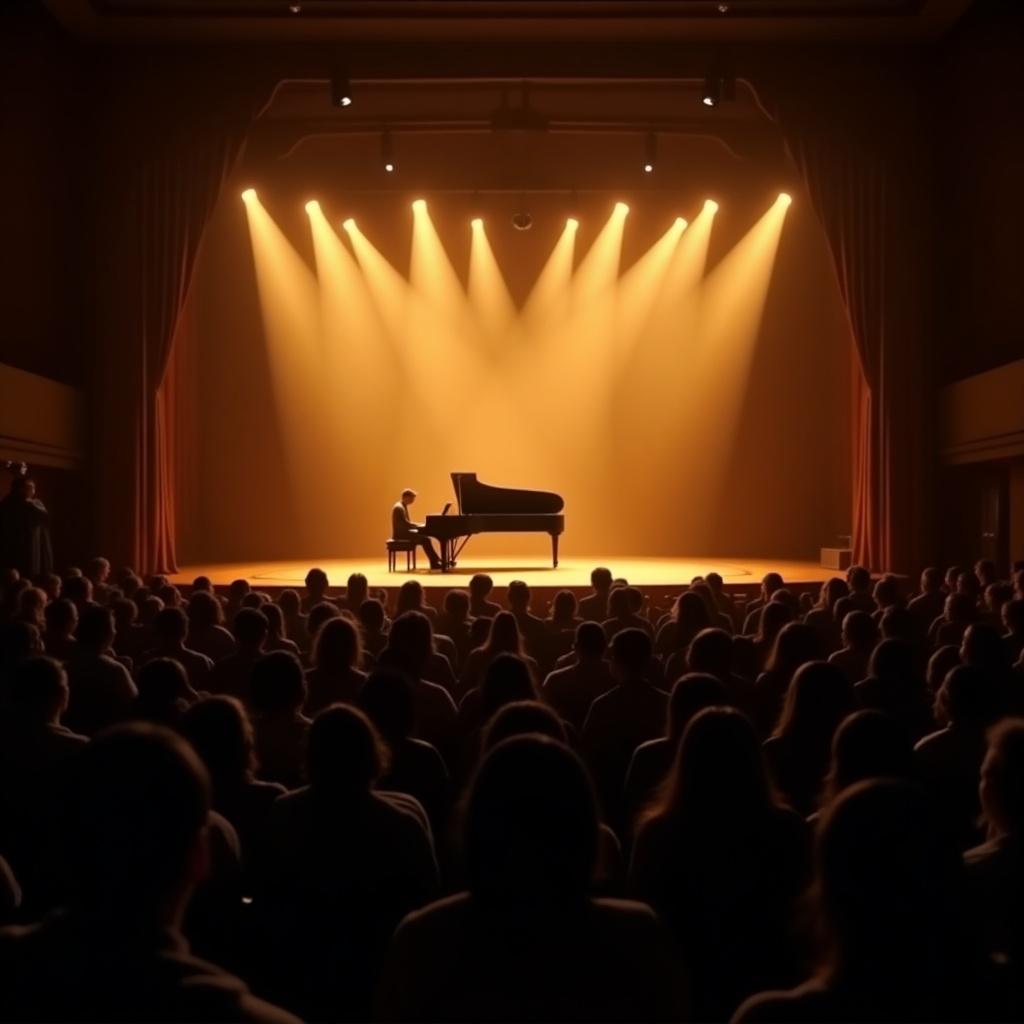 The warm glow of stage lights illuminates the grand piano as a solo pianist commands the stage. The audience watches in rapt attention, their silhouettes a testament to the captivating power of live music. The ambience, a blend of anticipation and appreciation, envelopes the theater as every note resonates within the hushed hall. This creates a uniquely emotional and sensory experience for all present. Captured from the audience's view, the soft lighting accentuates the artistic elements of the performance.