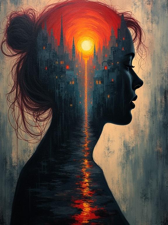Digital oil painting showcasing a woman silhouette filled with a small town. Cityscape and sunset included inside the silhouette. Depicts grief through abstract forms and colors. Retro 70's noir style with disturbing visual elements.