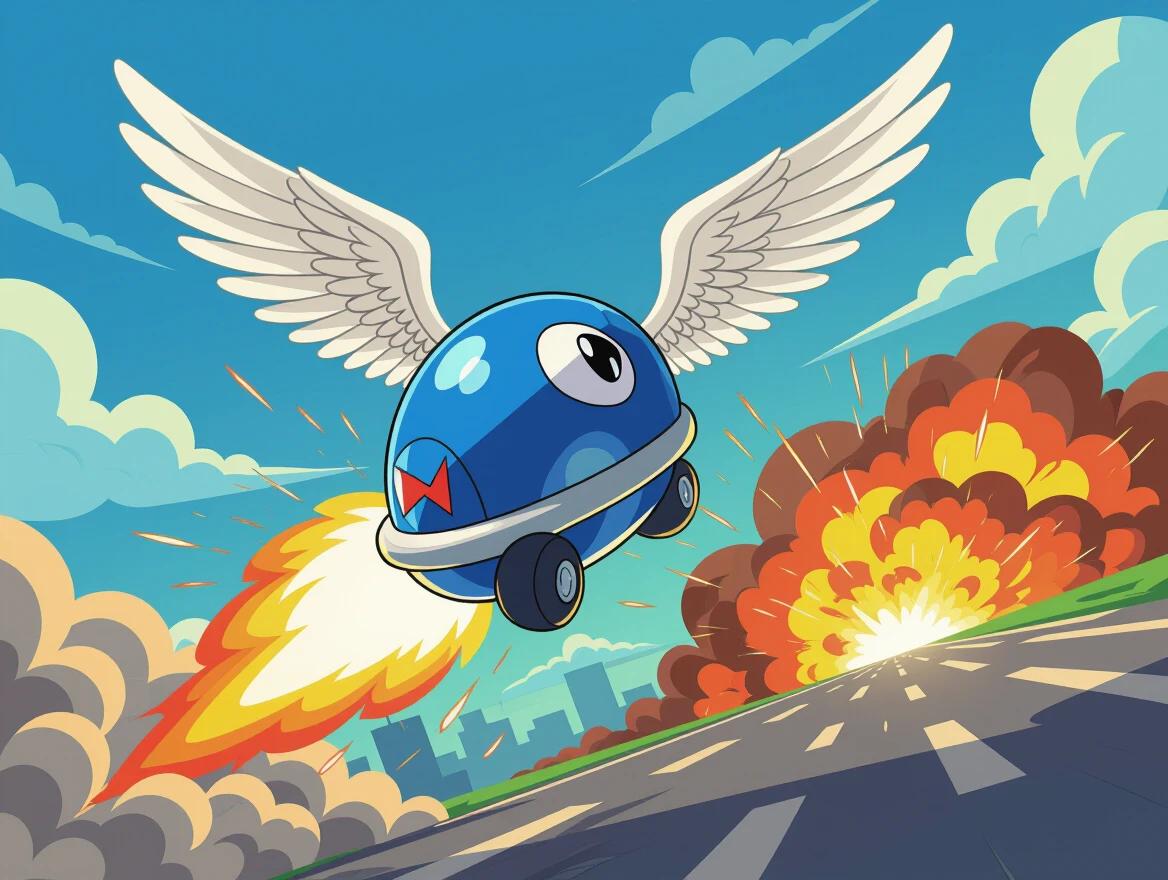 Illustration of the Blue Shell from Mario Kart. Shell has wings and is mid-flight. Smoke and sparks trail behind. A fiery explosion is visible in the distance. The artwork has bold lines and vivid colors.