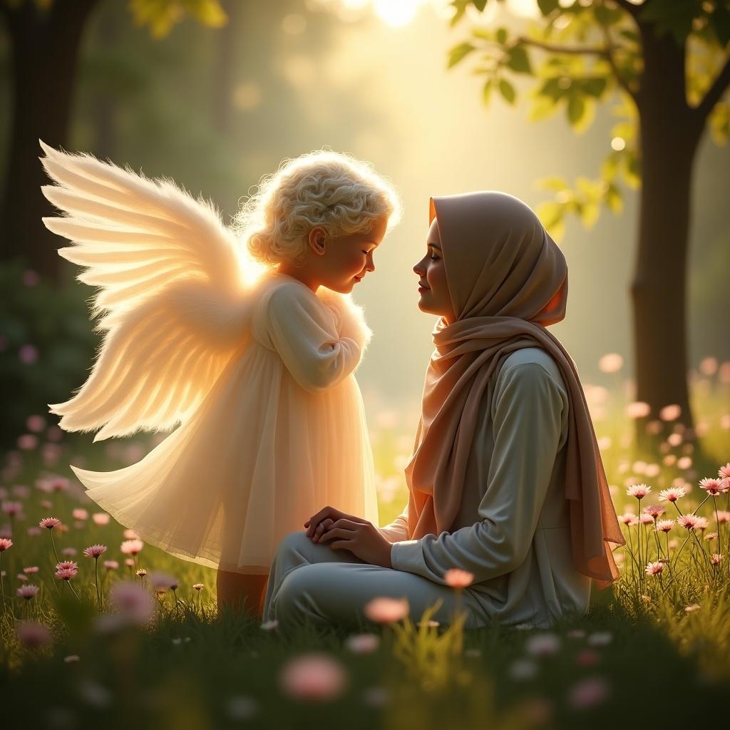 A woman in a hijab interacts with a child with angel wings in a sunny forest. The scene evokes warmth and spirituality.