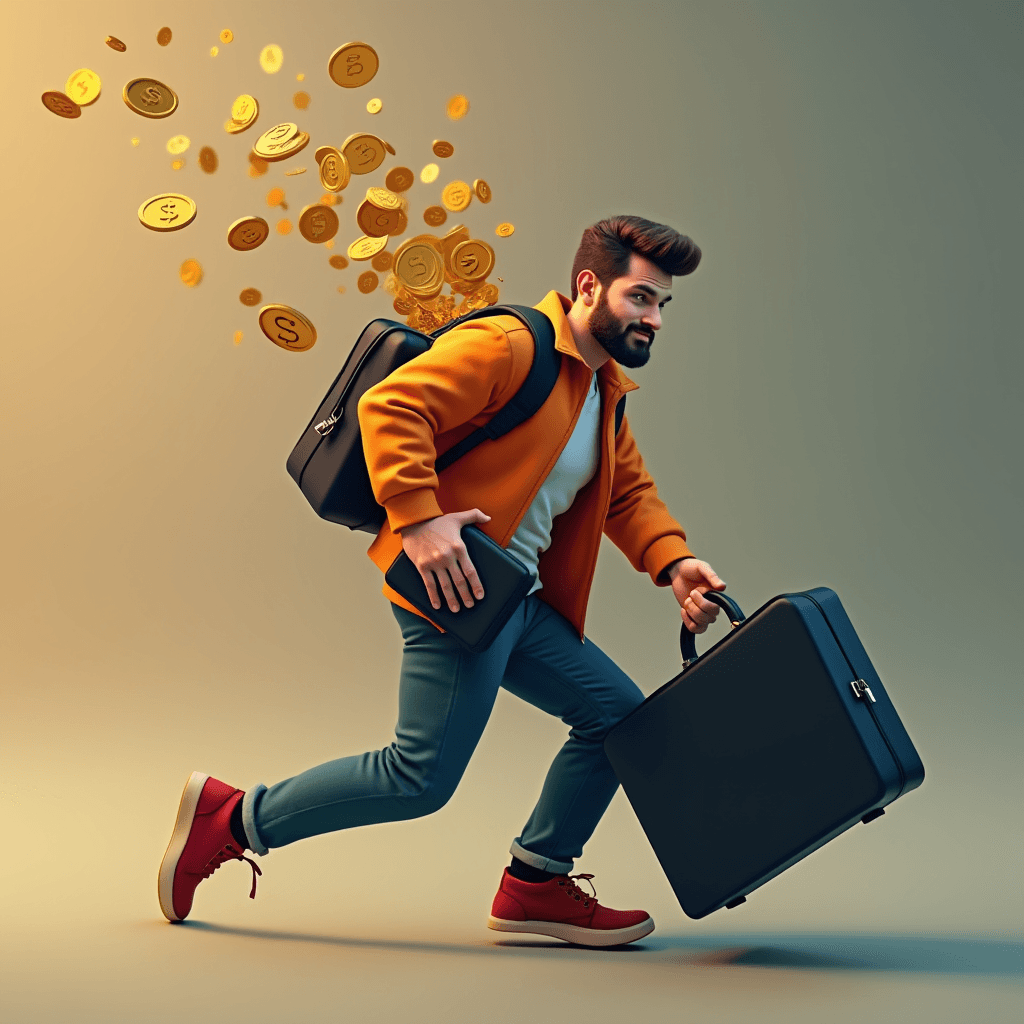 A man in an orange jacket runs with a suitcase, while coins fly out of his backpack.