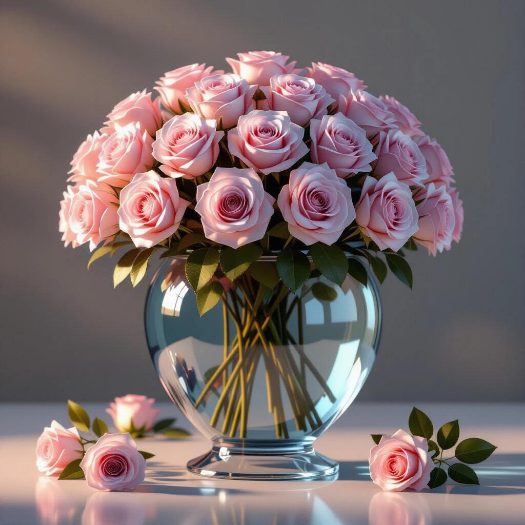 Hyper-realistic 3D rendering of a large antique vase. Vase filled with roses. Translucent glass with subtle tints. Sharp reflections and soft caustics. Elegant lighting inspired by luxury design. Clean, symmetric shape. Delicate etched details. Camera at 3/4 angle with shallow depth of field. Neutral light gray background with a reflective surface.