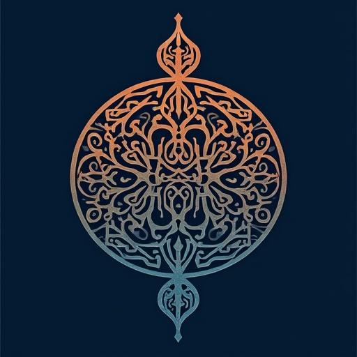 Abstract design featuring intricate patterns centered in circular shape. Emphasis on modern Islamic art with gradient colors. Dark blue background enhances the design.