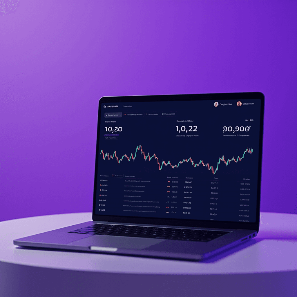 A laptop displaying a financial market analysis with a chart against a purple background.