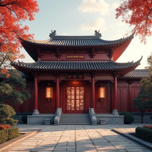New Chinese style house with a grand entrance. Surrounded by autumn foliage and showcasing intricate architectural features.