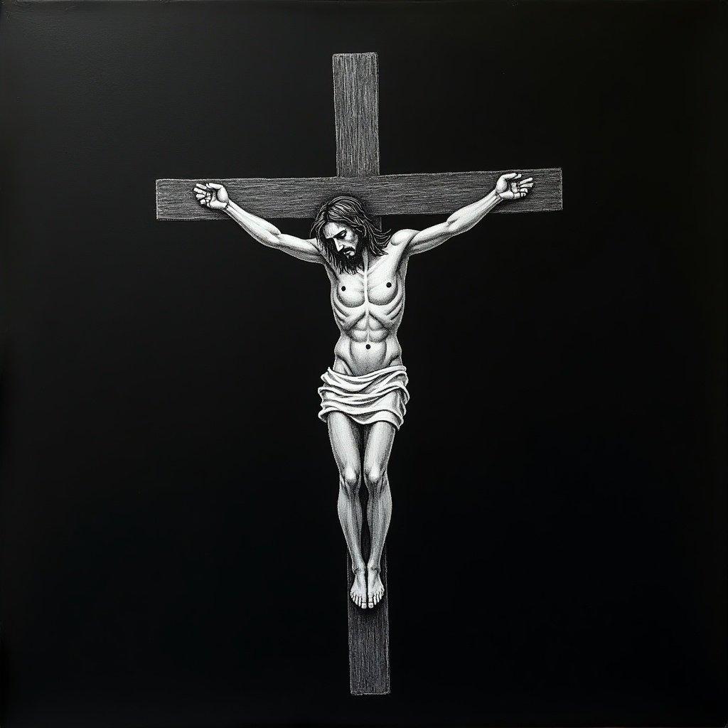 A minimalistic chalk drawing of a cross with a crucified figure on a black chalkboard. Focus on the shape of the cross and basic outlines. Use simple lines and soft curves. Strokes are slightly smudged for a raw appearance.