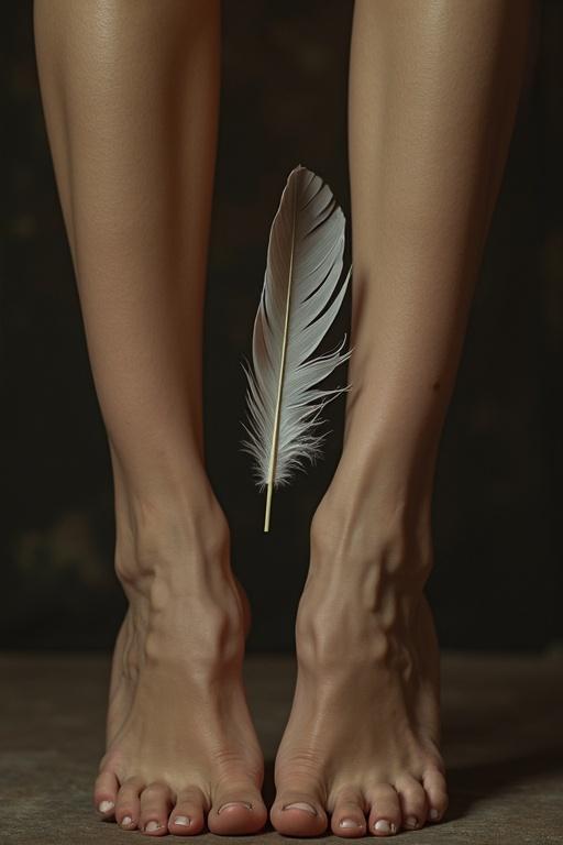 Feet are positioned in stocks. A soft feather rests against one foot arch. Lighting is gentle and highlights the skin texture.