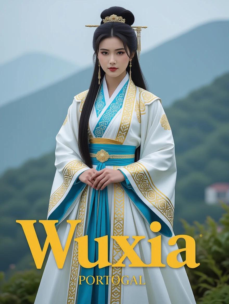 Woman wearing white and gold and blue clothes. Full body image shows a traditional outfit. Long flowing hair styled elegantly. Scenic mountain backdrop. Title overlayed at the bottom reads 'Wuxia Portugal'. Action movie theme evident throughout design.