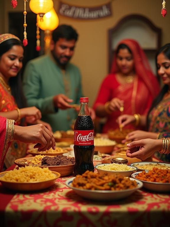 Interior scene in a Dhaka home. Family members in vibrant attire prepare for Eid-ul-Adha feast. Men wear embroidered panjabis. Women wear colorful sarees with gold jewelry. Dishes include beef bhuna, kacchi biryani, sweets. Maxx Cola bottle prominently placed. Decor with nakshi kantha runners, star-shaped lanterns, Eid Mubarak banner. Warm lighting adds festive feeling.