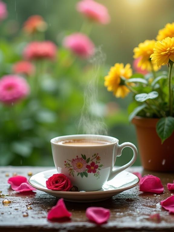 Photograph shows a ceramic coffee cup on a wooden table in a flower garden. Cup has steam and floral pattern. Rose petals scattered around. Raindrops fall around. Soft background of greenery and colorful flowers. Natural light illuminates the scene.