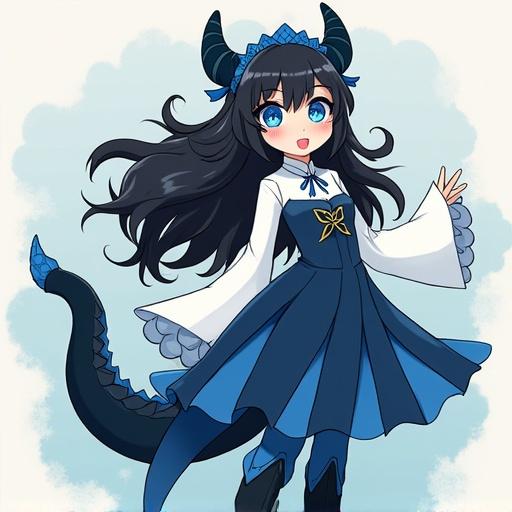 A girl with dragon features appears in the image. She has black hair and blue eyes. Her dress is elegant and blue. She has furry arms and legs. The background is light blue. She seems friendly and welcoming.