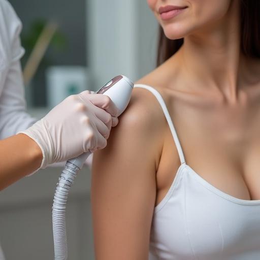 Elos hair removal procedure in a beauty salon. A woman receiving laser treatment on her shoulder. Beautician using IPL device to remove unwanted hair. Focus on client and the laser machine.