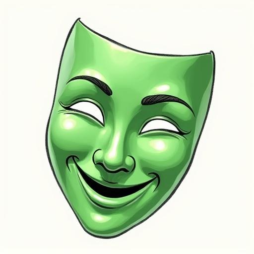 Draw a green theatrical mask. Mask has happy smiling expression. Mask faces slightly to the left and looks downward to show thickness. Mask has visible eye holes. Mask should appear as a wearable mask. Emphasize light shadow depth to show contours and thickness. Style resembles hand drawn or digital sketch. Use a neutral background.
