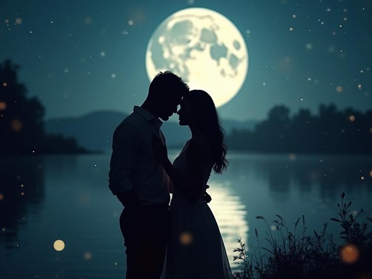 Image of a couple silhouetted against a full moon over a lake. Scene enhanced with bokeh and sparkling particles for a magical effect. Loving couple in embrace illuminated by moonlight. Dreamy and ethereal appearance with grainy and noisy textures.