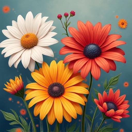 Colorful illustrations of various flowers including daisies and sunflowers. Bright petals with a vibrant background. Showcase nature's beauty and diversity of blooms.