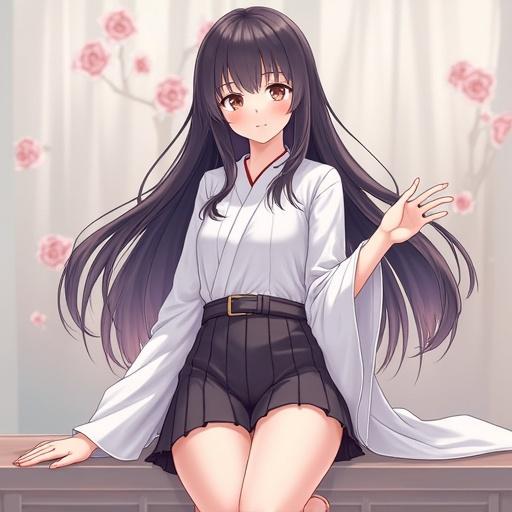 Illustration of a girl in a casual outfit featuring a short skirt. She has long dark hair and a warm expression. The setting is softly lit, enhancing her features.