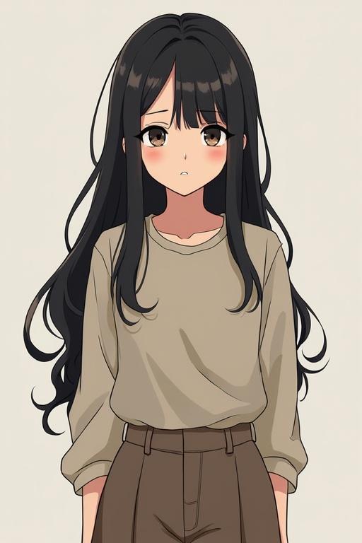 Character design of a 24-year-old female. She has long hair and a minimalist fashion style. The expression reflects skepticism. The attire features a simple shirt and high-waisted pants. The background is plain to emphasize her appearance.