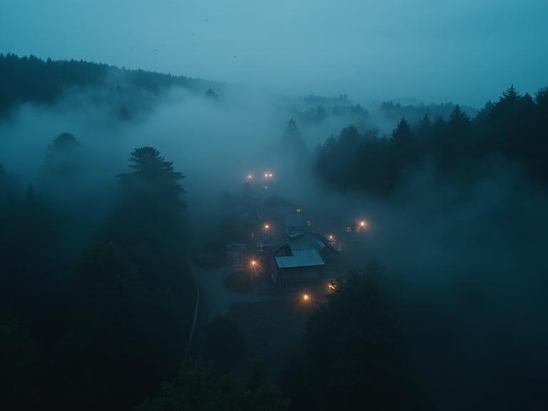 Aerial view of small Galician village surrounded by forest and fog. Dim lights from windows. Stars faint above. Dreamlike cinematic style. Magical ominous atmosphere.