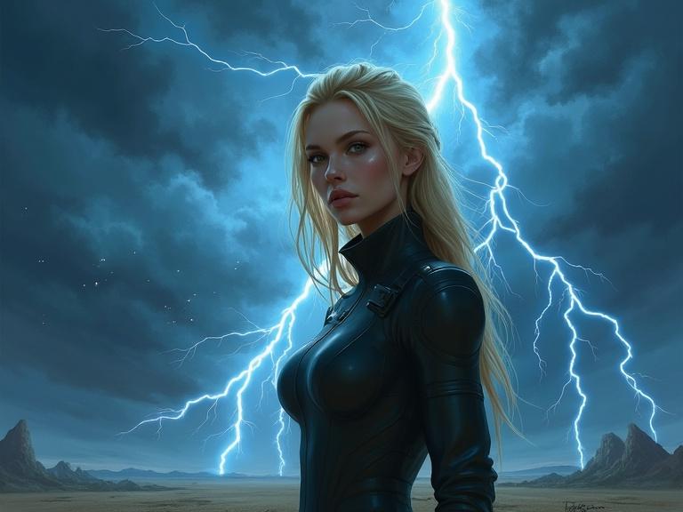 Digital painting of a blonde woman in a storm. She looks at the viewer. Lightning reflects in her eyes. The sky is dramatic. The scene shows her control over the storm.