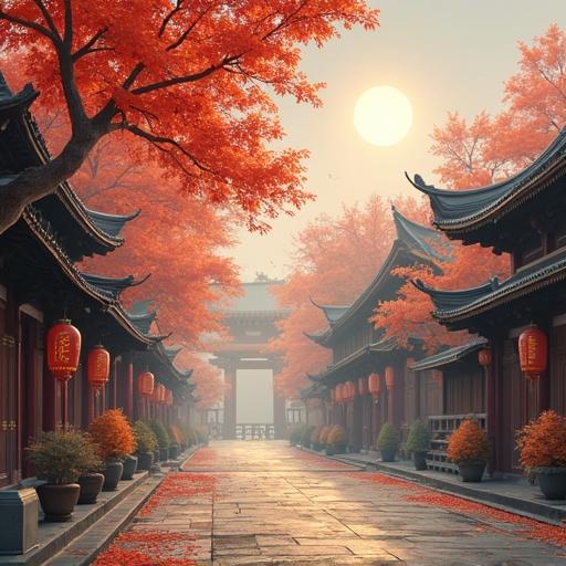 A tranquil pathway in a traditional Chinese setting during autumn. Bright red leaves adorn the trees, and glowing lanterns line the pathway. The sun is rising in the background, creating a warm ambiance.