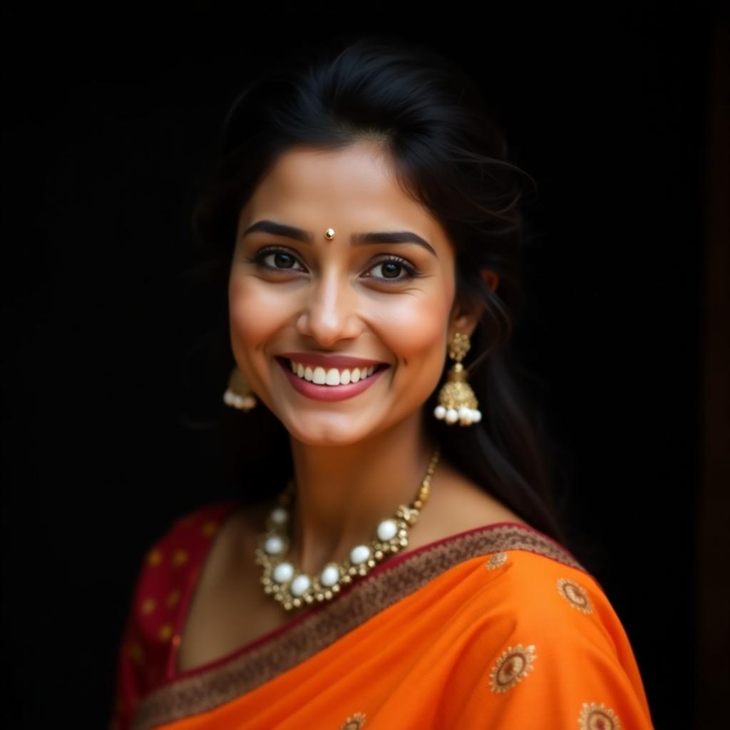 Portrait of a woman with captivating eyes. Indian woman in vibrant orange saree. Elegant hairstyle enhances look. Beautiful jewelry includes earrings and necklace. Soft lighting against dark background creates warmth.