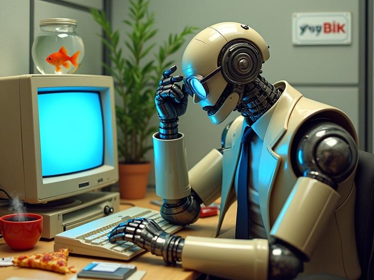 Detailed retro-futuristic office robot in eyeglasses wearing oversized suit and tie. Hunched over a chunky 1990s desktop PC with CRT monitor. Desk is chaotic with half-eaten pizzas, crumpled soda cans, and floppy disks. Steaming coffee mug, red stapler, and fishbowl on monitor. Robot shows despair with metallic hand on forehead, narrow optical sensors. Wilting plant in corner. Harsh fluorescent lighting.